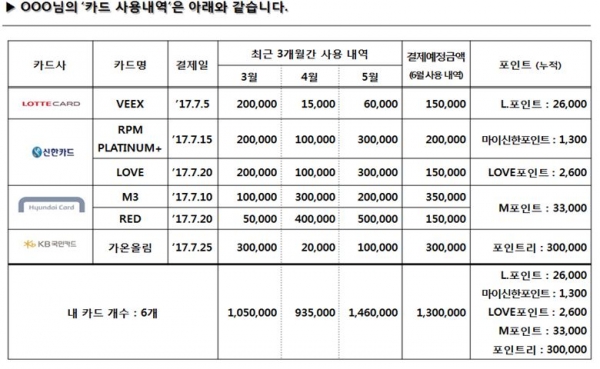 금감원이 내년 상반기부터 제공할 '내 카드 사용내역 한눈에' 서비스 화면 (예시). 제공| 금융감독원