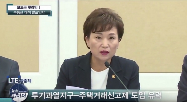 2일 김현미 국토교통부 장관이 국회의원 회관에서 열린 부동산 대책 당정협의에서 발언을 하고 있다. [사진=뉴스레이더 방송 화면 갈무리]