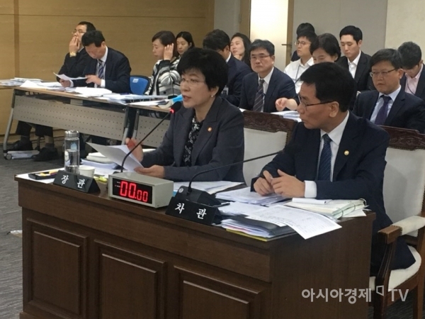 12일 정부세종청사에서 열린 국회 환경노동위원회 고용노동부 국정감사에서 김영주 고용부 장관이 질의에 답변하고 있다.