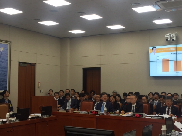 13일 산업통상자원중소벤처기업위원회 산업통상자원부 국정감사에서 김현종 산업통상자원부 교섭본부장과 백운규 산업통상자원부 장관이 질의에 응답하고 있다.
