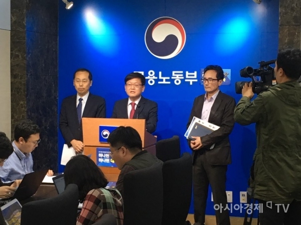 14일 정부세종청사 고용노동부 기자실에서 임서정 고용부 고용정책실장(가운데)이 윤효식 여성가족부 기획조정실장(왼쪽), 김종철 고용부 여성고용정책과장(오른쪽)과 함께 '직장 내 성희롱·성폭력 근절대책'을 발표하고 있다.
