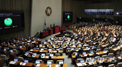 【서울=뉴시스】홍효식 기자 = 6일 오전 서울 여의도 국회 본회의장에서 열린 제354회 국회(정기회) 제17차 본회의에서 2018년도 예산안에 대한 수정안이 재석 178인 중 찬성160인, 반대 15인, 기권 3인으로 가결 처리되고 있다. 2017.12.06. yesphoto@newsis.com [출처=뉴시스]