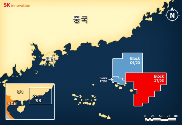 SK이노베이션은 이번에 남중국해에 위치한 PRMB 17/03 광구에서 원유 탐사를 성공했으며, 인근 지역에는 04/20 광구와 17/08 광구가 위치해있다. 제공=SK이노베이션.