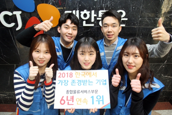 CJ대한통운이 한국능률협회컨설팅(KMAC)이 주관하는 2018년 '한국에서 가장 존경받는 기업' 종합물류서비스부문에서 6년 연속 1위에 선정되었다고 27일 밝혔다. 서울시 중구 본사 사옥에서 CJ대한통운 직원들이 '한국에서 가장 존경받는 기업' 6년 연속 1위 선정을 자축하고 있다. 제공=CJ대한통운.