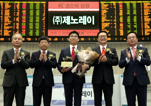 한국거래소 코스닥시장본부는 28일 서울사옥 홍보관에서 의료용 X-ray기기 전문 제조업체인 제노레이의 코스닥시장 신규상장기념식을 개최했다. 왼쪽부터 최규준 한국IR협의회 부회장, 정운수 한국거래소 코스닥시장본부장, 박병욱 제노레이 대표이사, 유상호 한국투자증권 대표이사, 송윤진 코스닥협회 부회장. [제공=한국거래소]