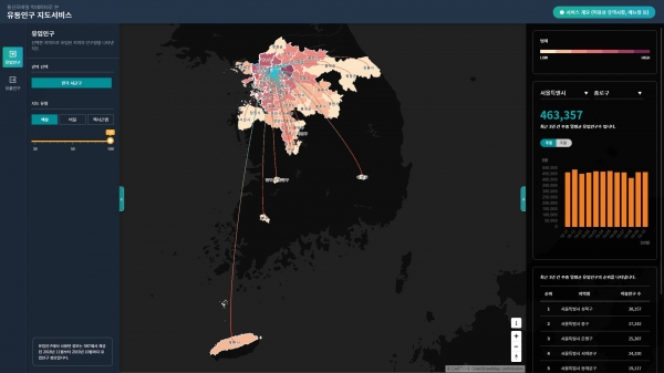 SK텔레콤과 통계청은 모바일 빅데이터 기반의 유동인구 지도 시범 서비스를 시작한다고 9일 밝혔다. 유동인구 지도는 통계청 빅데이터센터 홈페이지에서 이용할 수 있다. (사진=SK텔레콤)