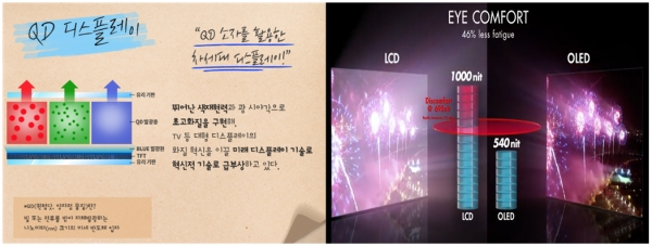 삼성의 QD디스플레이(좌)와 LG의 OLED 설명 화면 (사진출처 - 각사 홈페이지)