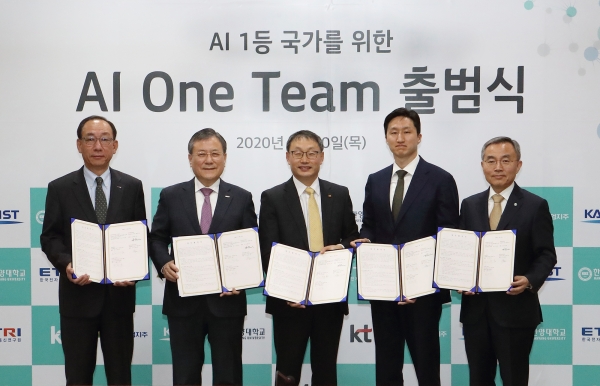 KT는 20일 대전 KAIST 본관1층 회의실에서 현대중공업지주(대표이사 권오갑), KAIST(총장 신성철), 한양대(총장 김우승), 한국전자통신연구원(ETRI, 원장 김명준)과 대한민국 인공지능(AI) 1등 국가를 위한 공동 양해각서(MOU)를 체결하고, ‘AI One Team’을 결성한다고 밝혔다. [사진제공=KT]