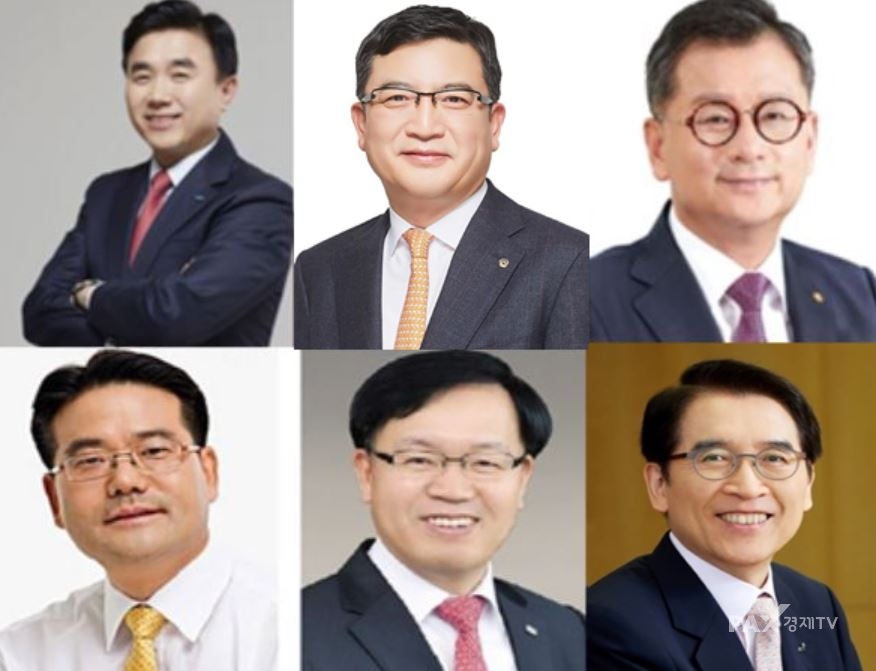 (왼쪽부터) 전영묵 삼성생명 신임 사장, 강성수 한화손해보험 신임 사장, 여승주 한화생명 대표이사, 하만덕 미래에셋생명 부회장, 변재상 미래에셋생명 사장, 신창재 교보생명 대표이사 회장