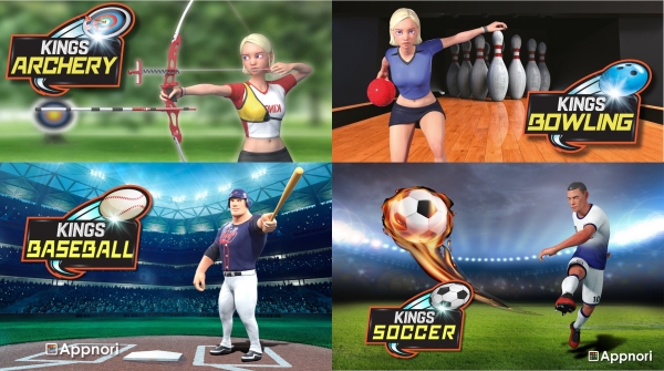 슈퍼 VR이 제공하는 신규 VR 게임 콘텐츠 양궁킹즈, 볼링킹즈, 사커킹즈, 야구킹즈 4종 타이틀 이미지 [자료제공=KT]