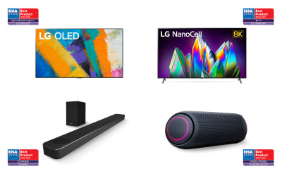 EISA 어워드를 수상한 제품 사진.(왼쪽 상단부터 시계방향으로) LG 올레드 갤러리 TV, LG 나노셀 8K TV, LG 엑스붐 고 스피커, LG 사운드 바 [자료제공: LG전자]