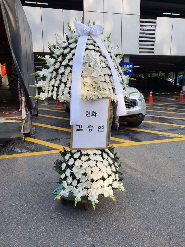 지난 25일 이건희 회장의 빈소가 마련된 서울 강남구 삼성서울병원 장례식장에 김승연 한화그룹 회장이 조화를 보냈다. [사진제공=공동취재단]
