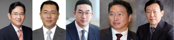 (왼쪽부터)이재용 삼성전자 부회장, 정의선 현대차그룹 회장, 구광모 LG그룹 회장, 최태원 SK그룹 회장, 신동빈 롯데 회장.[자료제공: 각 사]