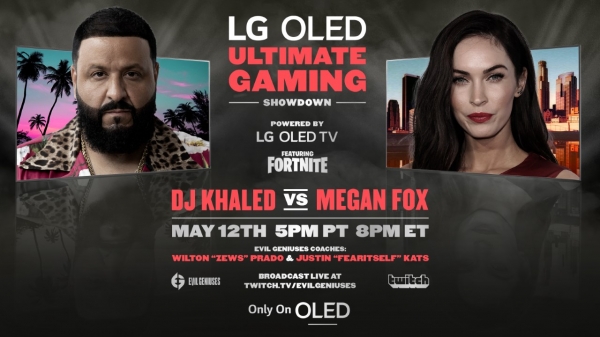 사진은 현지시간 12일 LG FOMO 채널에서 독점 공개되는 음악 프로듀서 DJ 칼리드(DJ Khaled)와 영화배우 메간 폭스(Megan Fox)의 게임 대결 예고 이미지.[사진: 삼성전자 제공]