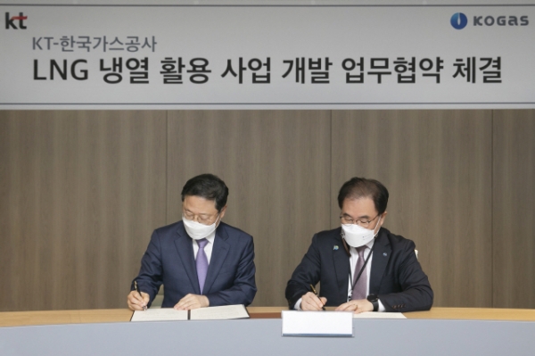 KT 신수정 Enterprise부문장(왼쪽)과 한국가스공사 이승 부사장이 MOU에 서명을 하고 있다