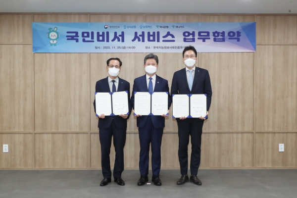 지난 25일 옥일진 우리은행 부행장(사진 오른쪽부터), 한창섭 행정안전부 차관, 김정기 우리카드 사장이 협약식을 마치고 기념촬영을 하고 있다. [사진제공=우리금융]