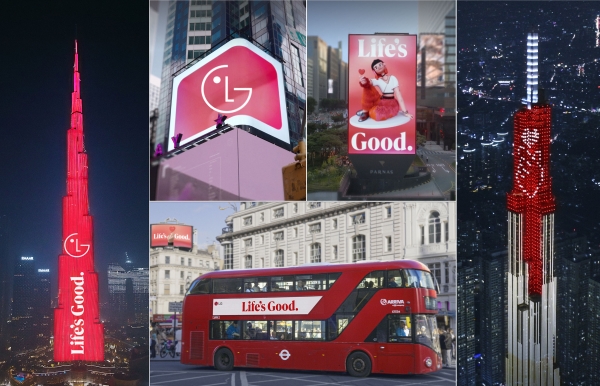 (왼쪽부터 시계방향) 두바이 부르즈 할리파, 뉴욕 타임스스퀘어 옥외전광판, 서울 파르나스 미디어 타워, 호치민 랜드마크81, 런던 피카딜리 광장과 빨간 2층 버스에서 신규 비주얼 아이덴티티가 적용된 브랜드 홍보 영상, 슬로건을 노출하고 있는 모습 [사진=LG전자]