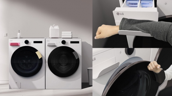 유니버설 업 키트 중 하나인 세탁기 '이지 핸들'과 이를 사용하는 장면 [사진=LG전자]