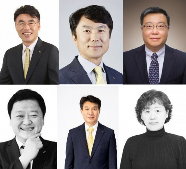 이홍구 KB증권 WM 부문 신임 대표 후보(윗줄 왼쪽부터), 구본욱 KB손해보험 신임 대표 후보, 김영성 KB자산운용 신임 대표 후보, 빈중일 KB캐피탈 신임 대표 후보(아랫줄 왼쪽부터), 성채현 KB부동산신탁 신임 대표 후보, 서혜자 KB저축은행 신임 대표 후보. [사진제공=KB금융그룹]