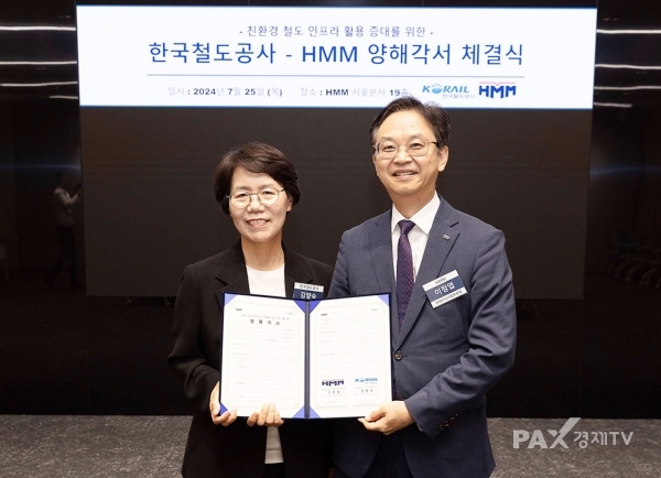 코레일과 HMM이 25일 오전 서울 HMM 본사에서 '친환경 철도물류 활성화 업무협약'을 했다. 사진 왼쪽부터 김양숙 코레일 물류사업본부장, 이정엽 HMM 컨테이너사업부문장이 기념촬영을 하고 있다. [사진제공=코레일]