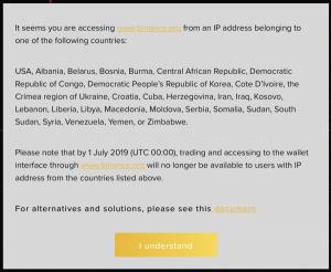 바이낸스덱스, 29개 국가에서 접속 불가